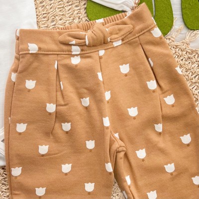 Conj. Body Manga Longa Gola Bordada e Calça Flores - Caramelo